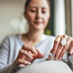 Woman inserting battery into the Hearing Aid