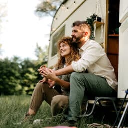 Couple enjoying camping in their RV camper.